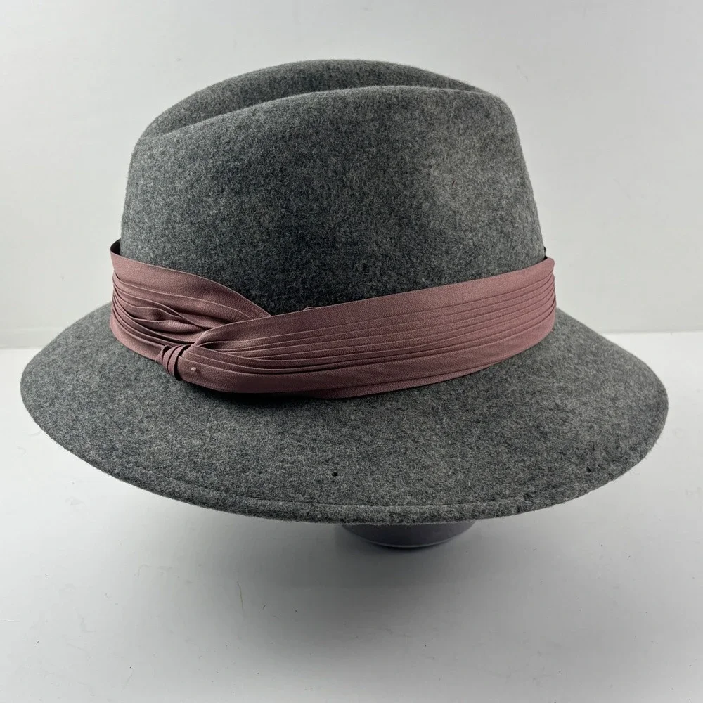 Vtg Doeskin Felt Fedora Hat Womens OS Grey Wool Mauve Ribbon 80's Retro